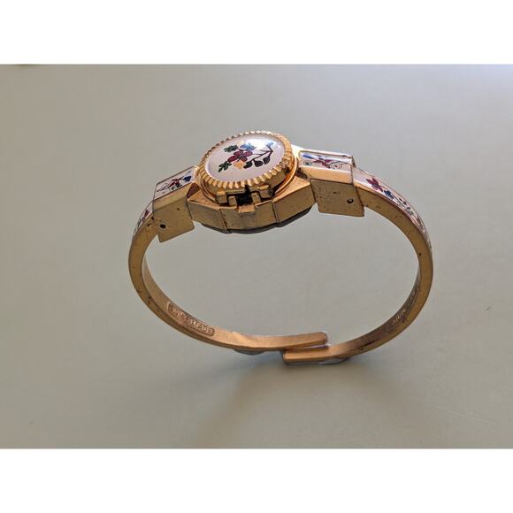 FLAW BROKEN Vintage Lugano Gold Tone Bangle Peekaboo Watch Flower Enamel main image 4